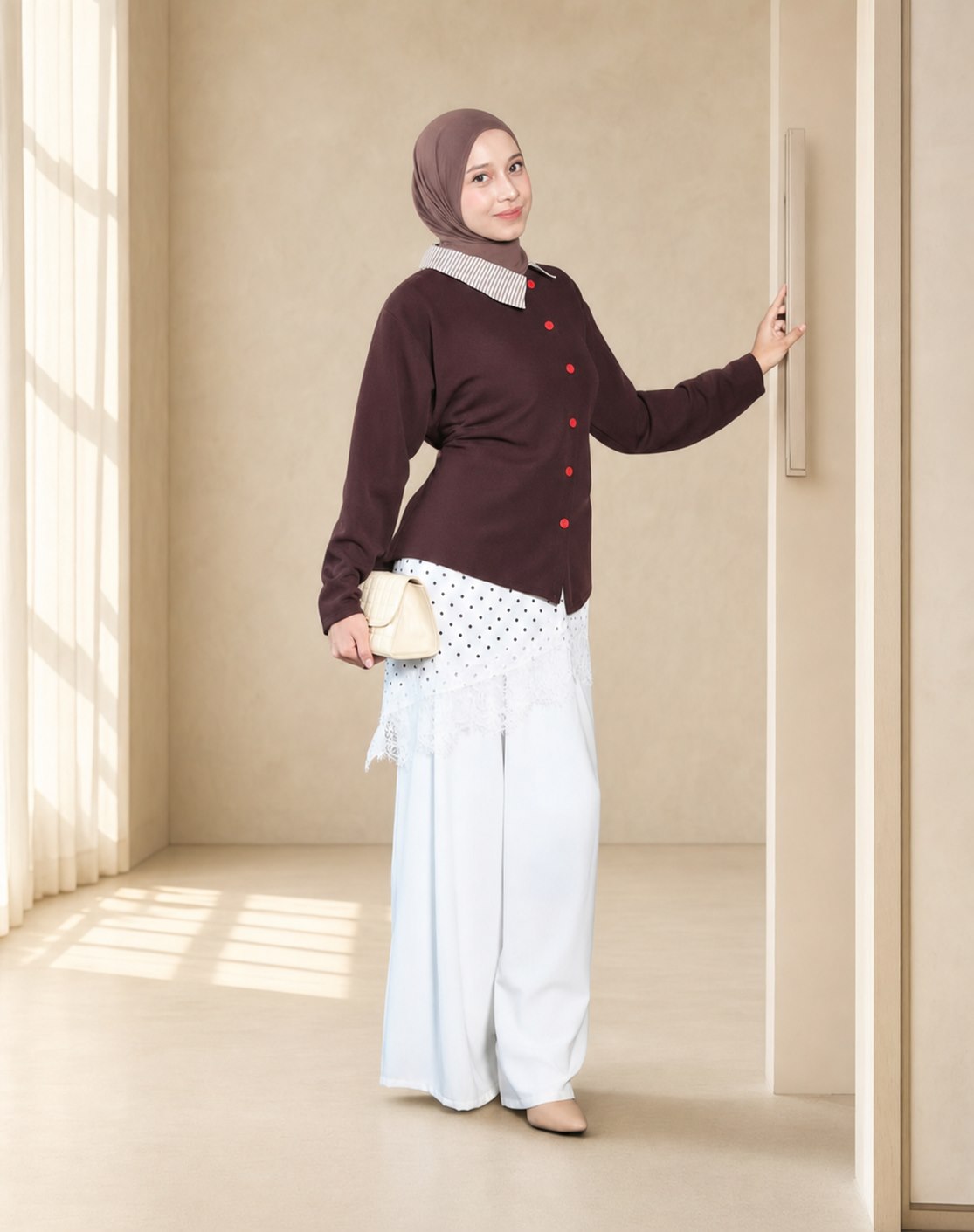 Model berhijab cokelat mengenakan atasan marun dan celana putih